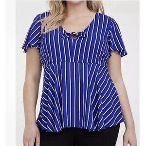 Torrid Georgette Top Tie Bow Front Empire Waist Blouse Blue White Striped Sz 2X
